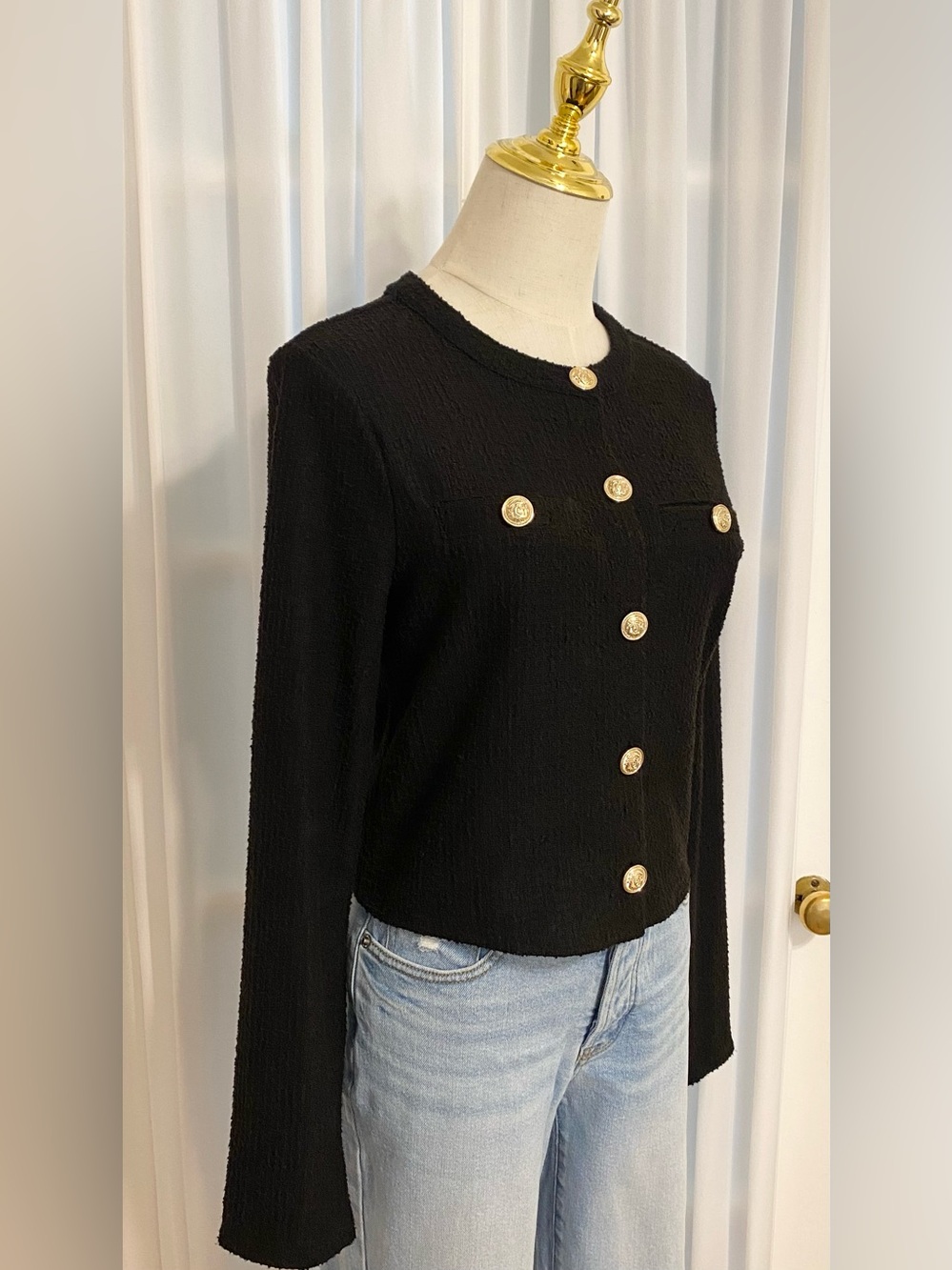 H&M Black Textured Button Front Top with Gold Buttons